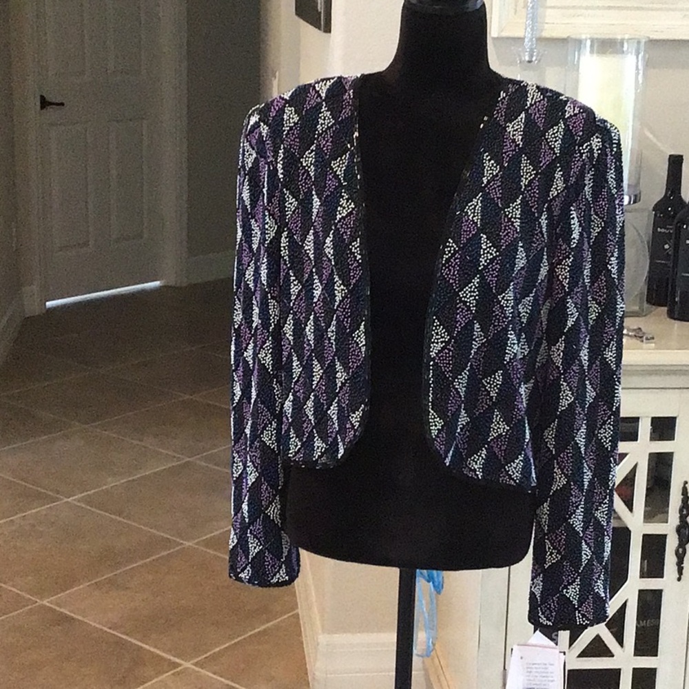 Nipon Night vintage beaded jacket, black/blue/white/purple, XL, NWT